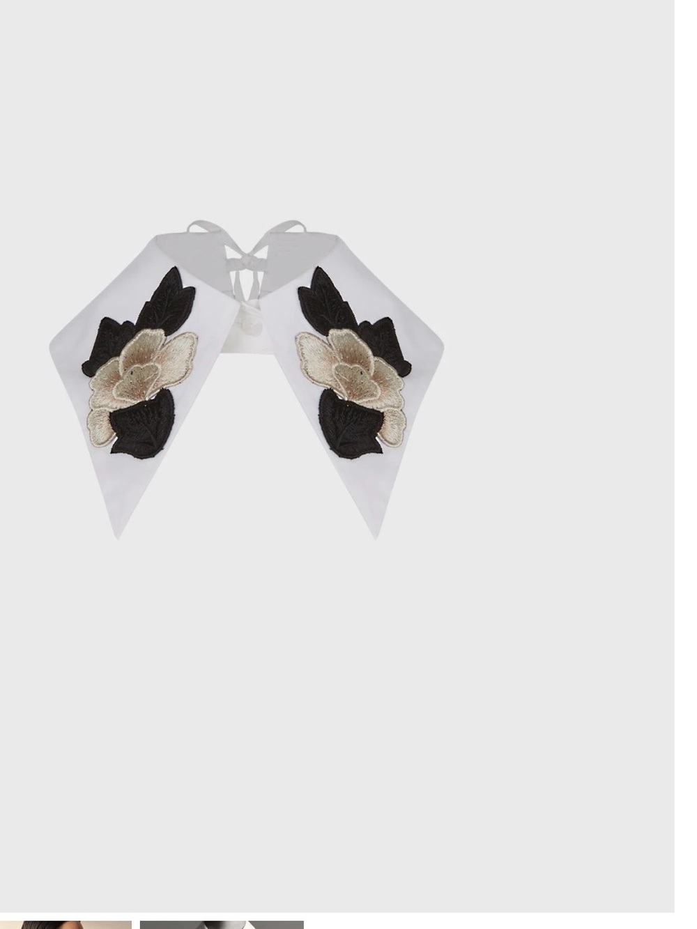 Anne Fontaine White cotton Tie Scarf/collar with Black and Beige Floral Appliqué